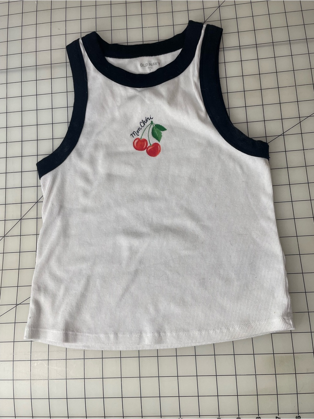 Old Navy White Tank with Navy Trim and Cherry Motif